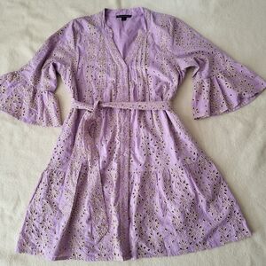 Boston Proper Purple & Metallic Gold Dress Women's Size Medium Midi Lined Button